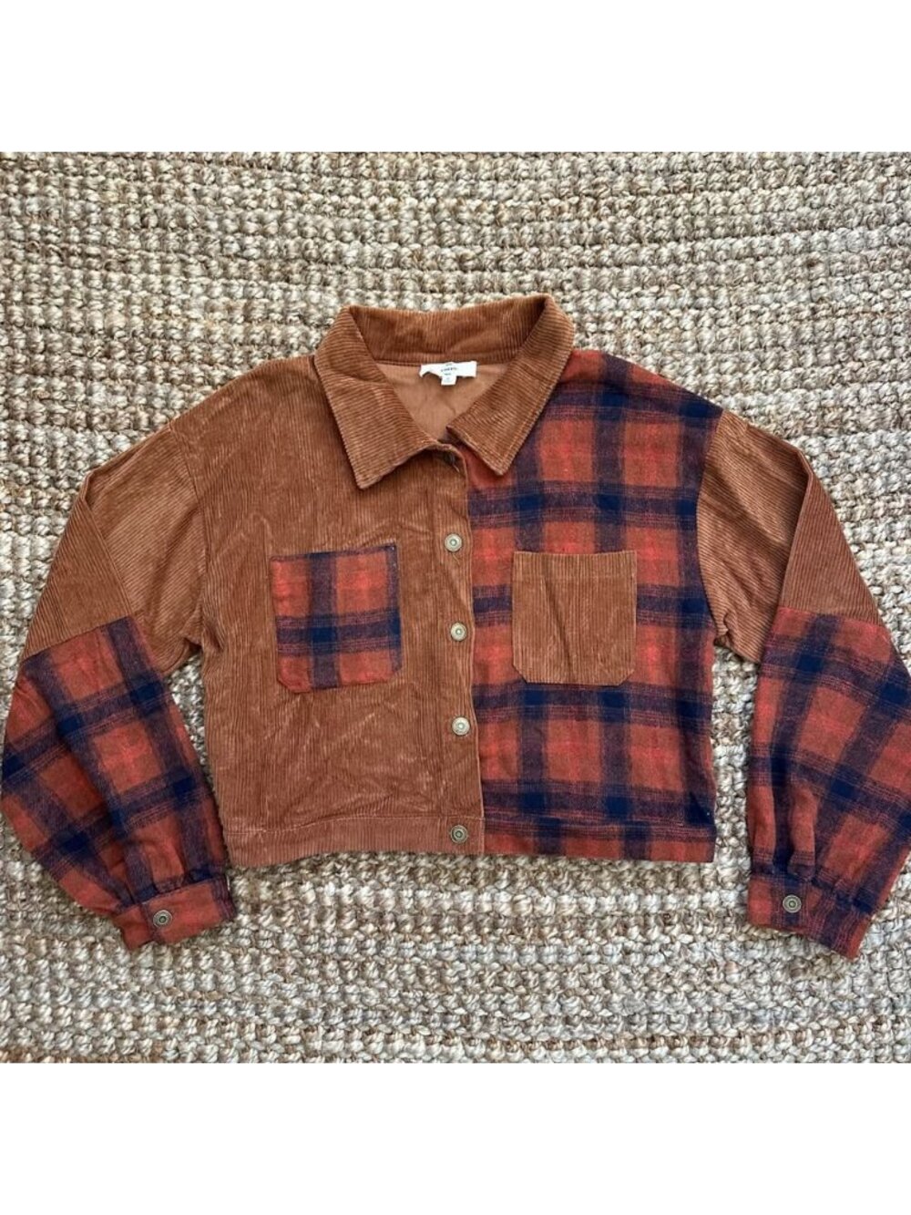 Entro Corduroy Plaid Colorblock Button Up Shirt Jacket Shacket Brown Rust